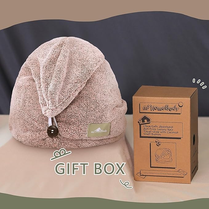 myHomeBody Hair Towel Wrap, Luxury Quick Drying Turban, Ultra Soft Absorbent Charcoal Fiber Cap, with Coconut Shell Button - Pink
