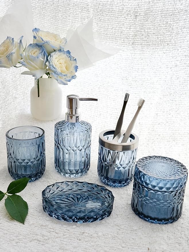 Blue Bathroom Accessories Set, 5Pcs Clear Glass Bathroom Accessories, Hand Soap Dispenser, Soap Dish, Toothbrush Holder Set, Qtips Holder for Crystal Vintage Bath Countertop Decor, Gift Set