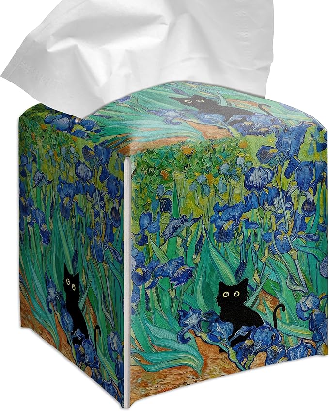 Grace Yonks Art Tissue Box Cover Square - Black Cat Among Irises Design 5.2" PU Leather Holder for Vanity, Desk, or Bathroom Counter - Cube Case for Facial Tissues. (121)
