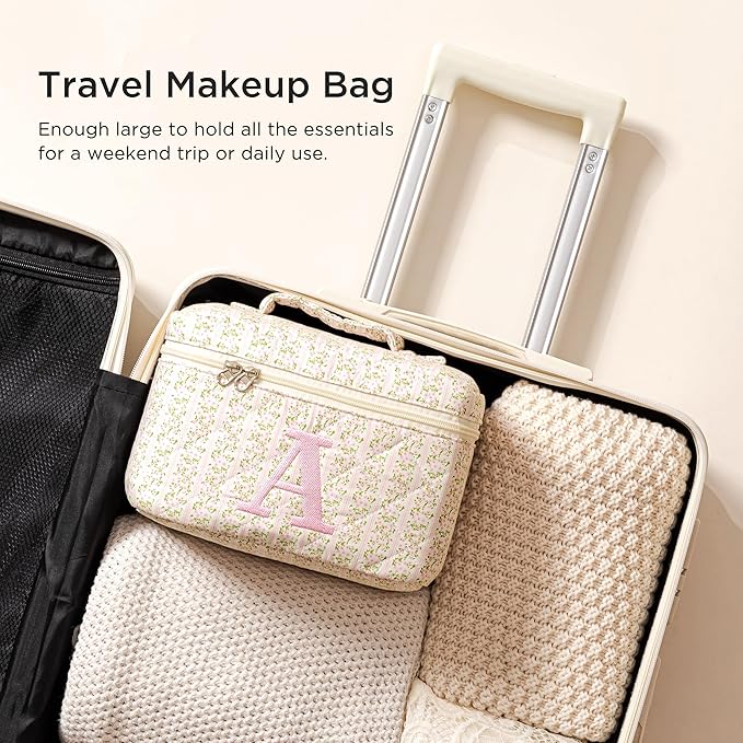 HBselect Initial Quilted Makeup Bag, Pink Cosmetic Travel Toiletry Bag, Flowers Coquette Zipper Make Up Pouch Organizer Teen Girl Gift Trendy Stuff A