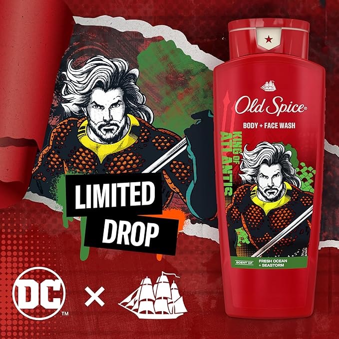 Old Spice Body Wash for Men, Aquaman: King of Atlantis, 3X Defense, 24/7 Shower Fresh with Lasting Scent, Cleansing 2-in-1 Body & Face Wash, Smell Like a Hero, Fresh Ocean and Seastorm Scent, 24 oz