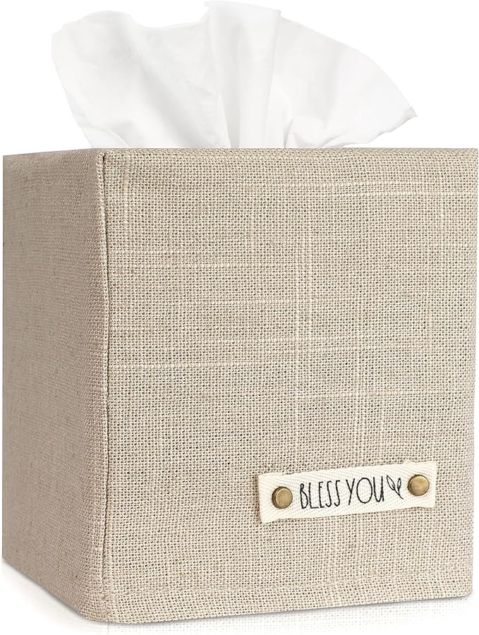 Stylish Tissue Box Cover - This Beige Linen Holder Instantly Covers Your Square Tissue Boxes - The Perfect Cube Cover for Your Bathroom and Home