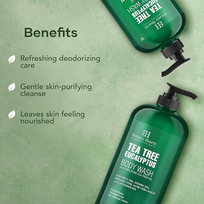 Botanic Hearth Eucalyptus & Tea Tree Body Wash – Refreshing & Invigorating Shower Gel for Men & Women, Helps Soothe Skin, Sulfate & Paraben Free – 16 fl oz