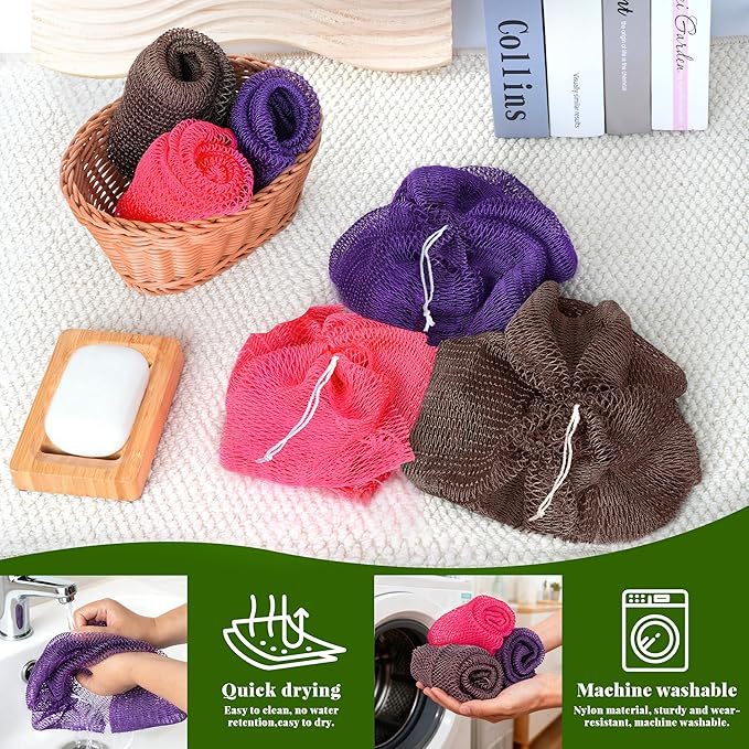 African Net Sponge Authentic, 3 Pieces Exfoliating Scrubber Bath Sponge for All Skin Types, Back Scrubber Loofah Washcloth for Shower, Gentle Exfoliation (Pink,Purple,Brown)