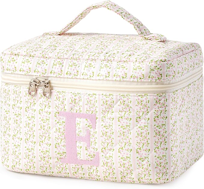 HBselect Initial Quilted Makeup Bag, Pink Cosmetic Travel Toiletry Bag, Flowers Coquette Zipper Make Up Pouch Organizer Teen Girl Gift Trendy Stuff E