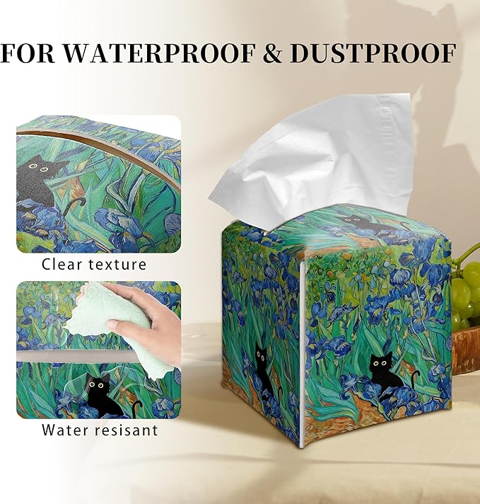 Grace Yonks Art Tissue Box Cover Square - Black Cat Among Irises Design 5.2" PU Leather Holder for Vanity, Desk, or Bathroom Counter - Cube Case for Facial Tissues. (121)