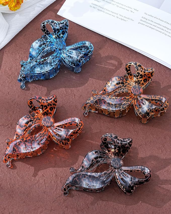 Mesovor 4 pack Cute Bow Claw Clip for Women, Nonslip Large Matte Strong Hold Bows Hair Clips for Thin and Thick Hair | Chic Hair Styling Accessories (Blue Leopard, Coffee Leopard)