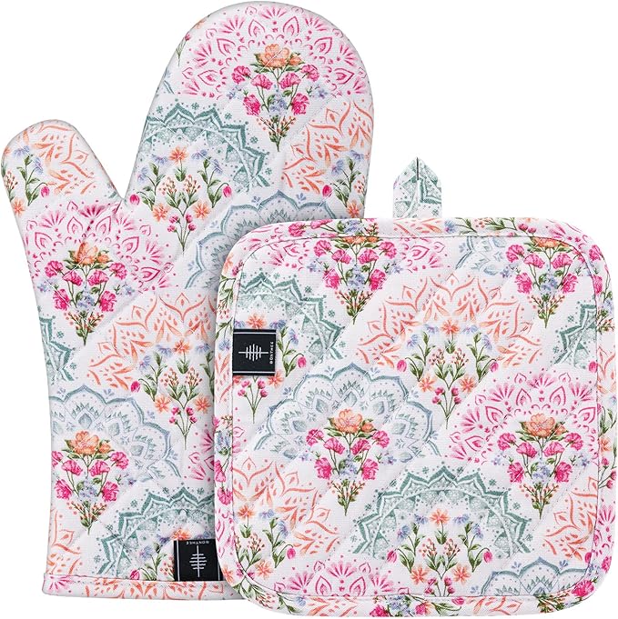 Oven Gloves Heat Resistant Potholder Set Oven Gloves with Anti-Slip Striped Cooking Gloves for Cooking Baking - 2PCS