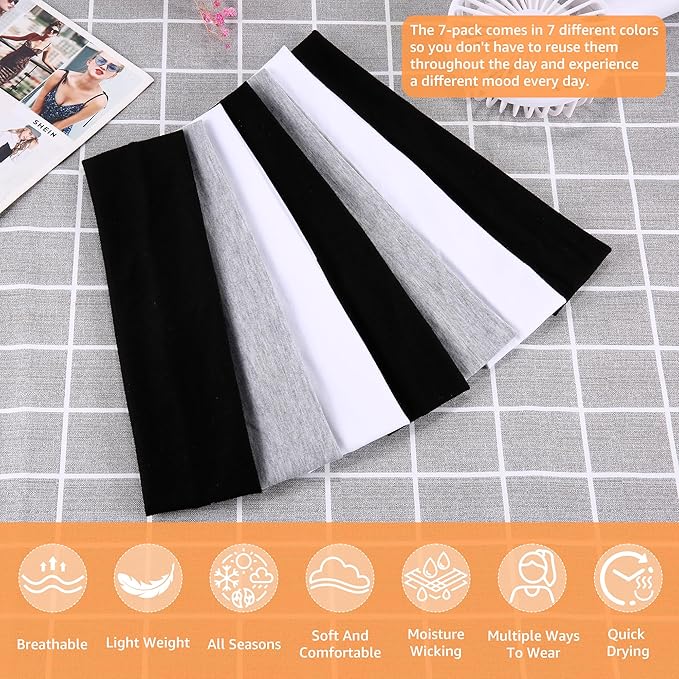Headbands for Women, Stretchy Non Slip Soft Cotton Cloth Hair Bands for Sports, Workout, Yoga and Running, 7pcs