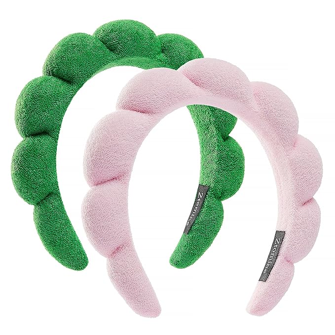 Spa Headbands - Set of 2: Terry Cloth Face Wash Headbands - Puffy Pink + Turquoise Combo Pack