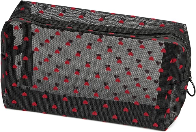 Portable Mesh Makeup Bag with Zipper Small Travel Toiletry Bag Lightweight Cosmetic Pouch (Black Square Red Heart)