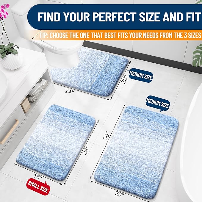 OLANLY Bathroom Rug Set 2 Piece, Soft Absorbent Microfiber Bath Mats and U-Shaped Contour Toilet Rug, Non-Slip, Machine Wash Dry, Plush Shaggy Bath Mats for Bathroom (24"x16"+24"x20", Light Blue)