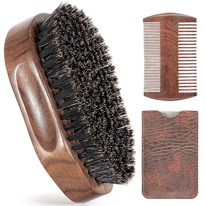 3PCS Beard Brush Comb Set for Men, Black Walnut Wood Dual Beard Comb & Case, Men's Natural Wooden Mustache Brush Kit - Medium Hardness