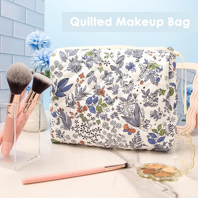 PAZIMIIK Quilted Makeup Bag Large Travel Zipper Soft Cosmetic Pouch for Women Girls Make Up,Leaf White