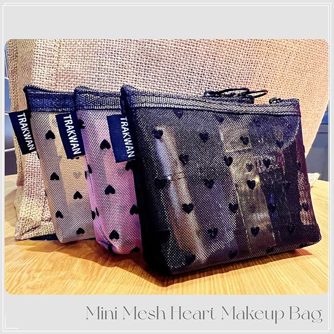 Mini Mesh Heart Makeup Bag Set, Mesh Cosmetic Bags with Zipper, Makeup Lipstick Cosmetic Accessories Organizer Bag, Mesh Pouch for Travel (Black-6pcs)