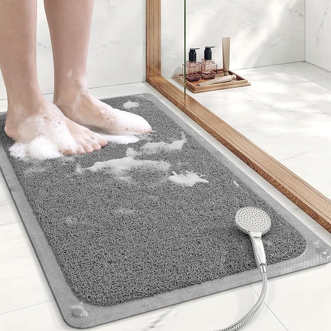 Mecko Non-Slip Shower Mat, Anti-Slip Bath Mat with Suction Cups – Quick-Drying Loofah Texture for Tub with for Indoor and Outdoor Use, Bathtubs and Wet Areas (Grey, 17"x30")
