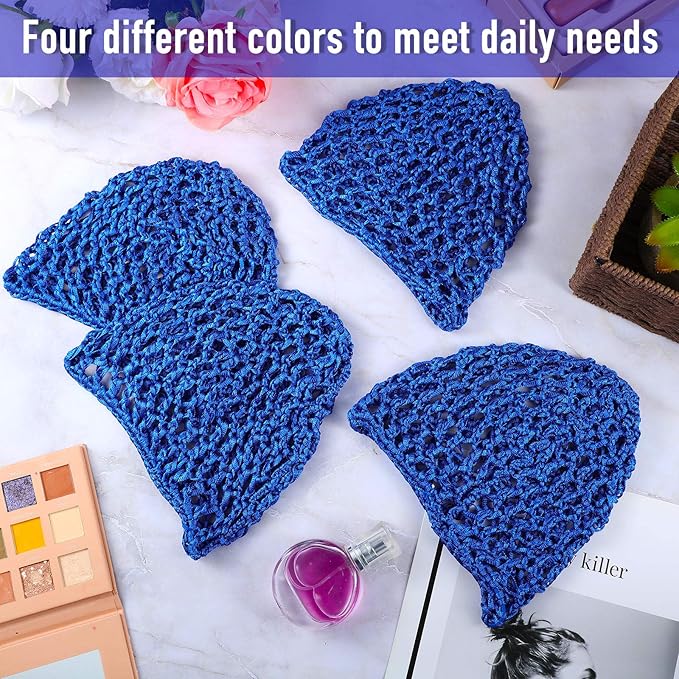 Geyoga 4 Pieces Mesh Crochet Hair Net Rayon Knit Snood Hat Thick Short Women Hairnet Snoods Cover Ornament for Sleeping(Blue)
