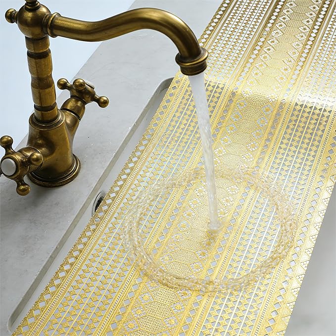 Shelf and Drawer Liner for Kitchen Cabinet,Non-Adhesive Waterproof Oil-Proof Easy Clean Shelf Liner for Dresser & Bathroom Vanities with Adhesive Dots & Cutting Tool(17 in X 20 Ft Gold Lace)