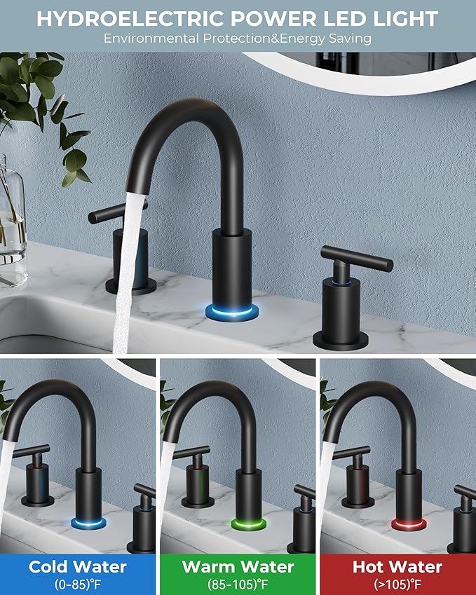 FORIOUS LED Bathroom Faucet Black 3 Hole with Temperature Changing 3 Color Lights, 8" Widespread Matte Black LED Bathroom Sink Faucet 3 Hole with Pop Up Drain, Supply Lines, 360° Swivel Spout