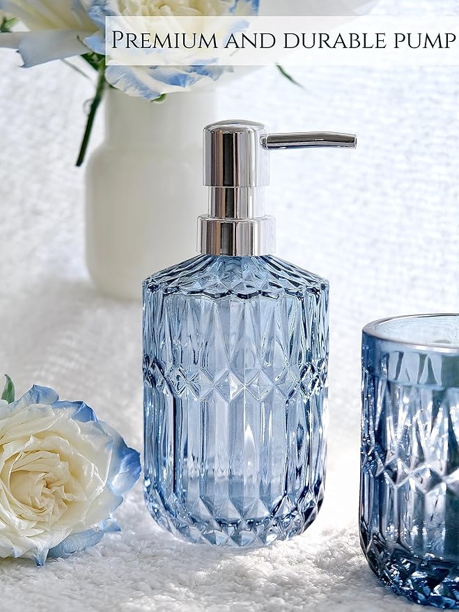 Blue Bathroom Accessories Set, 5Pcs Clear Glass Bathroom Accessories, Hand Soap Dispenser, Soap Dish, Toothbrush Holder Set, Qtips Holder for Crystal Vintage Bath Countertop Decor, Gift Set