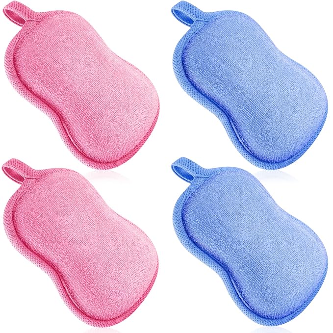 Tatuo 4 Pieces Baby Bath Sponge Cotton Baby Sponge Toddler Soft and Absorbent Loofah for Kids Babies Men Women(Pink,Blue)