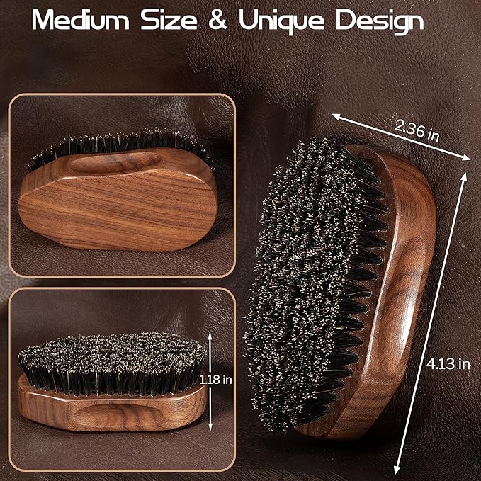 Boar Bristle Beard Brush for Men, 4.2-Inch Black Walnut Wood Handle Military Style, Men's Natural Wooden Boar Bristles Mustache Brush - Medium Hardness