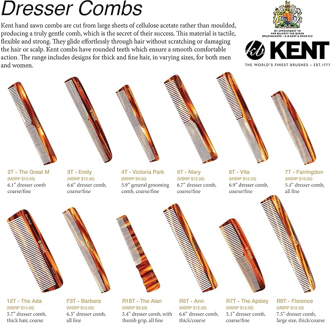 Kent F3T Tortoiseshell Fine Tooth Comb - Hair Parting and Straightening Comb for Men's & Women's Dandruff Remover, Saw Cut and Hand Polished Made in England