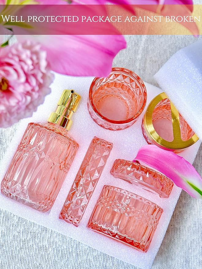 5pcs Clear Glass Bathroom Accessories Set, Crystal Pink Bathroom Decor Set, Soap Dispenser, Toothbrush Holder Set, Soap Dish, Tumbler, Qtips Holder, Modern Decor for Bathroom, Gift Set