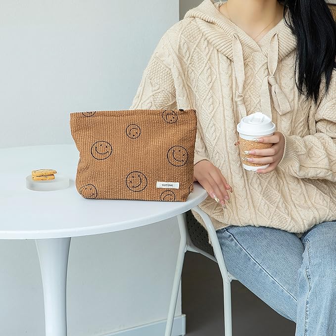 GUTGNK Makeup bag for Women, Corduroy Cosmetic Bag Aesthetic Design Ladies Tote Bag,Cute Smiley Face Makeup Organizer with Zipper - Brown