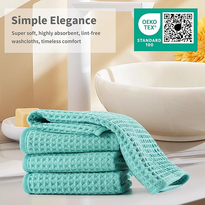 Microfiber Waffle Face Towels, 4 Pieces, Soft, Absorbent, Fast Drying, Lint Free 430 GSM (Turquoise)