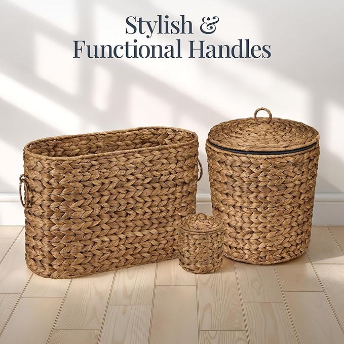 Best Choice Products 6PC Bathroom Accessories Set, Vanity Trays, qtip Canister, Square Tissue Box Cover, Small Wicker Trash Can, Toilet Paper Basket, Storage Organizer, Water Hyacinth - Chestnut