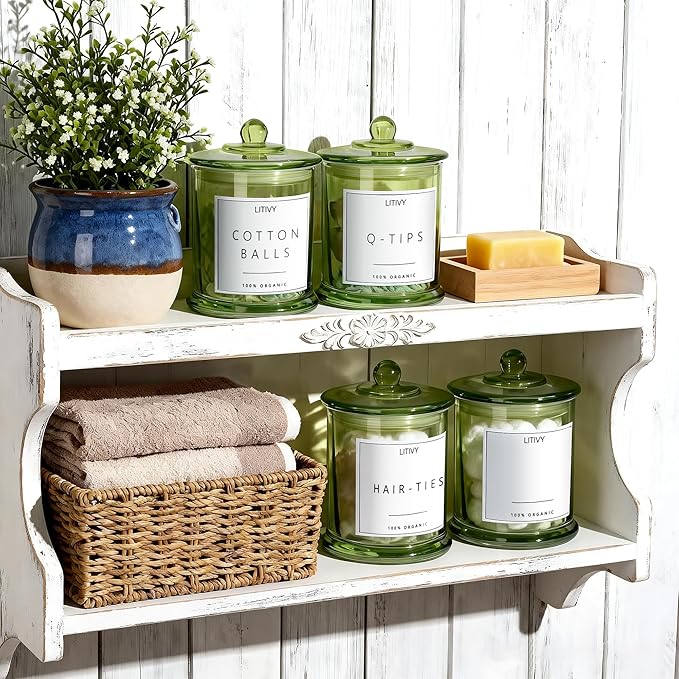 4 Pack Bathroom Organizers and Storage - 16 Oz Glass Qtip Holder & Cotton Pad Dispenser with Lid, Apothecary Jars for Home, Room Decor, Kitchen Organizer (Green)