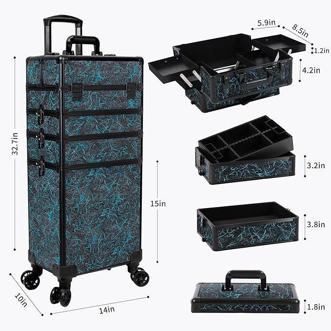 Profesional Rolling Makeup Train Case with Lid, 5 in 1 Cosmetology Case on Wheels, Large Cosmetic Trolley Organizer Travel for Hairstylist Artist Nail Beauty Salon Barber, Blue
