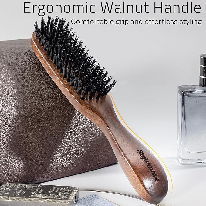 Hair Brush for Men, Mens Slick Back Hair Brush with Stiff Nylon Bristles & Wooden Walnut Handle for Thick & Fine Hair Smoothing, Detangling, Styling, Beard Straightens