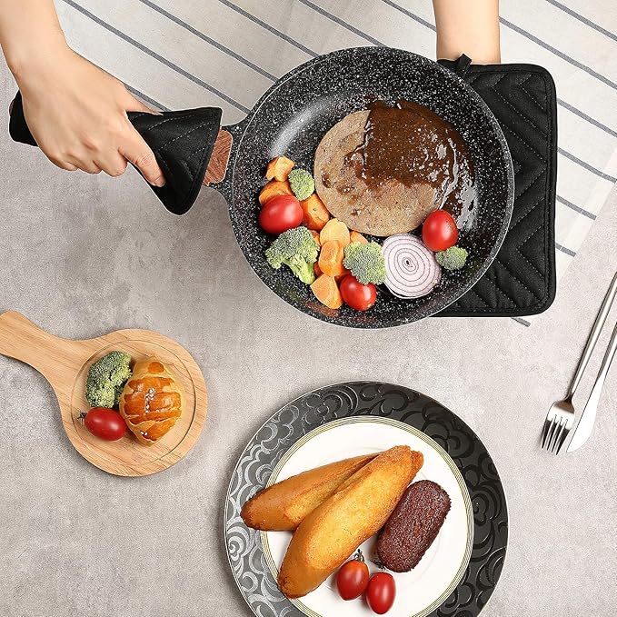 Oven Pot Holder with Pocket Cotton Heat Resistant Coaster Potholder Kitchen Hot Pad Oven Mitts for Cooking Square 7"x9" Set of 3 (Black)
