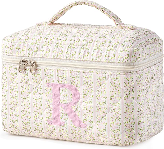 HBselect Initial Quilted Makeup Bag, Pink Cosmetic Travel Toiletry Bag, Flowers Coquette Zipper Make Up Pouch Organizer Teen Girl Gift Trendy Stuff R