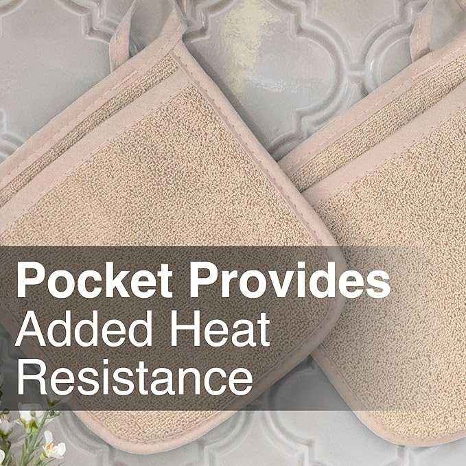 RITZ Terry Pocket Mitt & Hot Pad: Unparalleled Heat Resistant, Durable 100% Cotton – Ergonomically Designed for Optimal Grip – Easy-Care Machine Washable – 2-Pack, Latte