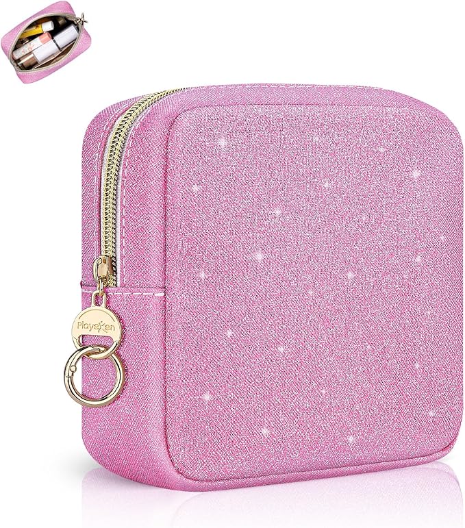 5.7" Small Makeup Bag, Glitter Cosmetics Bag for Purse, Portable Small Travel Makeup Pouch with Ring Buckle (Pink)