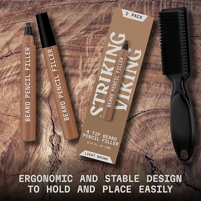 Striking Viking Beard Pencil Filler for Men - Light Brown, 2 Pack - Temporary Beard Dye - Waterproof Sweatproof Long Wear Beard Filler Pen for Touchups & Gap Contouring - Enhances Facial Hair