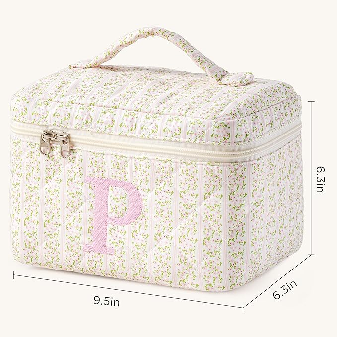 HBselect Initial Quilted Makeup Bag, Pink Cosmetic Travel Toiletry Bag, Flowers Coquette Zipper Make Up Pouch Organizer Teen Girl Gift Trendy Stuff P
