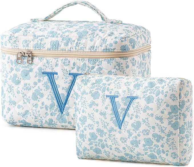 HBselect 2Pcs Initial Makeup Bag, Quilted Makeup Bag, Cotton Large Travel Makeup Bag, Cute Floral Coquette Make up Bag Cosmetic Bag Toiletry Bag for Women Girls V