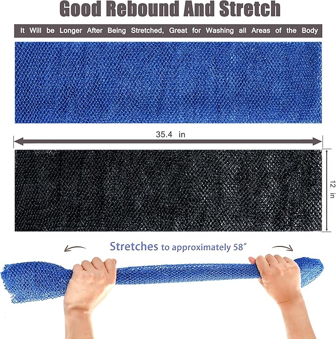 African Net Sponge, 2 Pieces Exfoliating Premium Nylon Bathing/Wash Net for Daily Back Body Scrub Scrubber Shower Net (Black, Blue) …