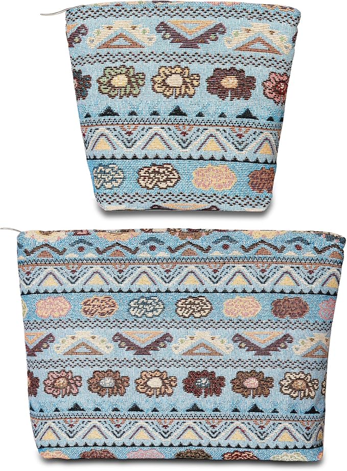 2 PCS Makeup Bag Small Cute Cosmetic Bags for Women，Floral Travel Toiletry Bag for Purse, Large Canvas Cosmetic Pouch Makeup Organizer Tool Pouch with Zipper（Bohemian Blue）