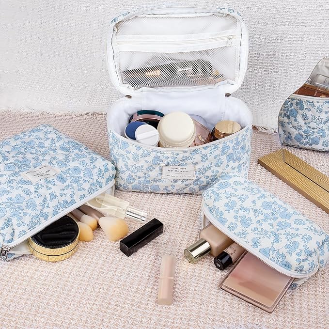 3pc Makeup Bag Set, Quilted Makeup Bag Set, Large Floral Cosmetic Bag for Women, Cute Cotton Makeup Bags, Flower Travel Toiletry Organizer Bag (Bright Pink)