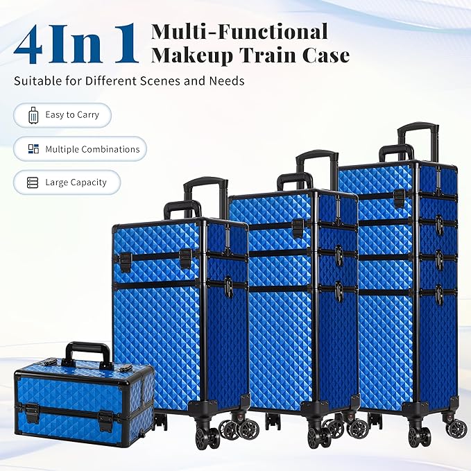 AROUS Rolling Makeup Train Case 4 in 1 Cosmetology Case on Wheels Large Storage Cosmetic Trolley with Key Salon Barber Traveling Cart Trunk, Blue