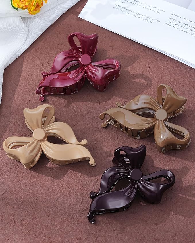 Mesovor 4 pack Cute Bow Claw Clip for Women, Nonslip Large Matte Strong Hold Bows Hair Clips for Thin and Thick Hair | Chic Hair Styling Accessories (Glossy Cherry, Brown)