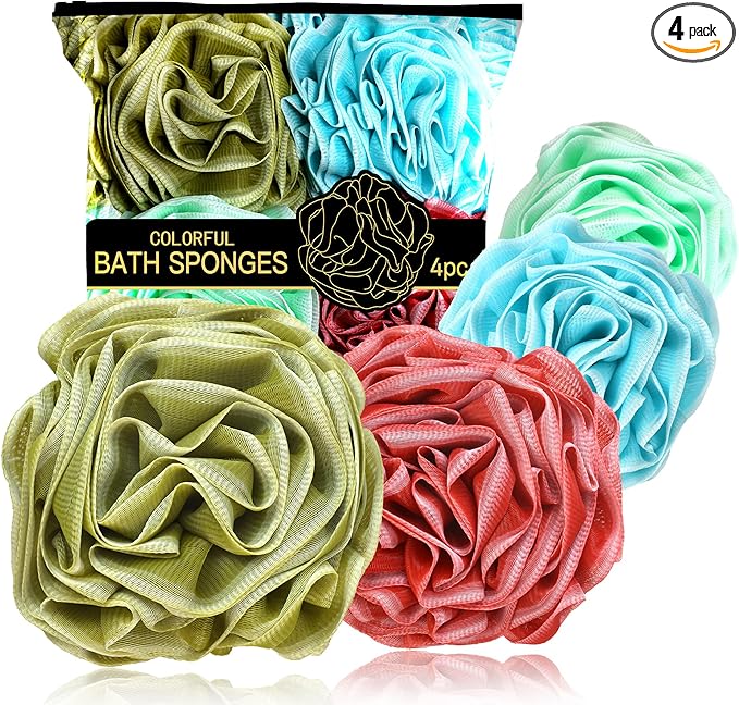 Loofah Sponge 70g, 6.3 Inch Large Exfoliating Bath Sponge, Soft Durable PE Mesh with Reinforced Knotting, Rich Lather Bath Scrubber for Body, for Travel or as a Holiday Gift (4Pack, Green, Red, Blue)