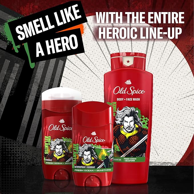 Old Spice Body Wash for Men, Aquaman: King of Atlantis, 3X Defense, 24/7 Shower Fresh with Lasting Scent, Cleansing 2-in-1 Body & Face Wash, Smell Like a Hero, Fresh Ocean and Seastorm Scent, 24 oz