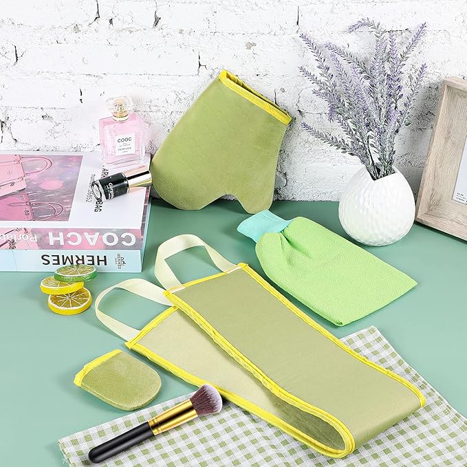 Boao 5 Pieces Self Tanning Mitt Applicator Kit, Includes Tanning Mitt, Exfoliating Glove, Mini Face Glove, Back Lotion Applicator, and Large Brush Makeup(Green)
