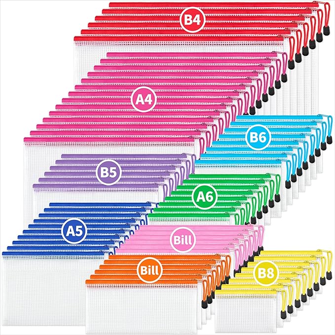 JARLINK 72 Pack 8 Sizes Mesh Pouch, 9 Colors, Waterproof Zipper File Bags Document Multipurpose Travel Bags for Office, School, Board Game, Puzzles, Cosmetics, Travel Accessories, and Home Organize